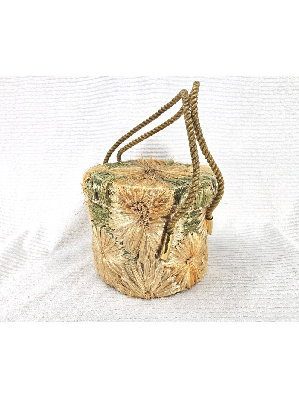 Vintage 1960s Bucket Purse Sewing Box Raffia Flowers Phillipines Hand Embroider